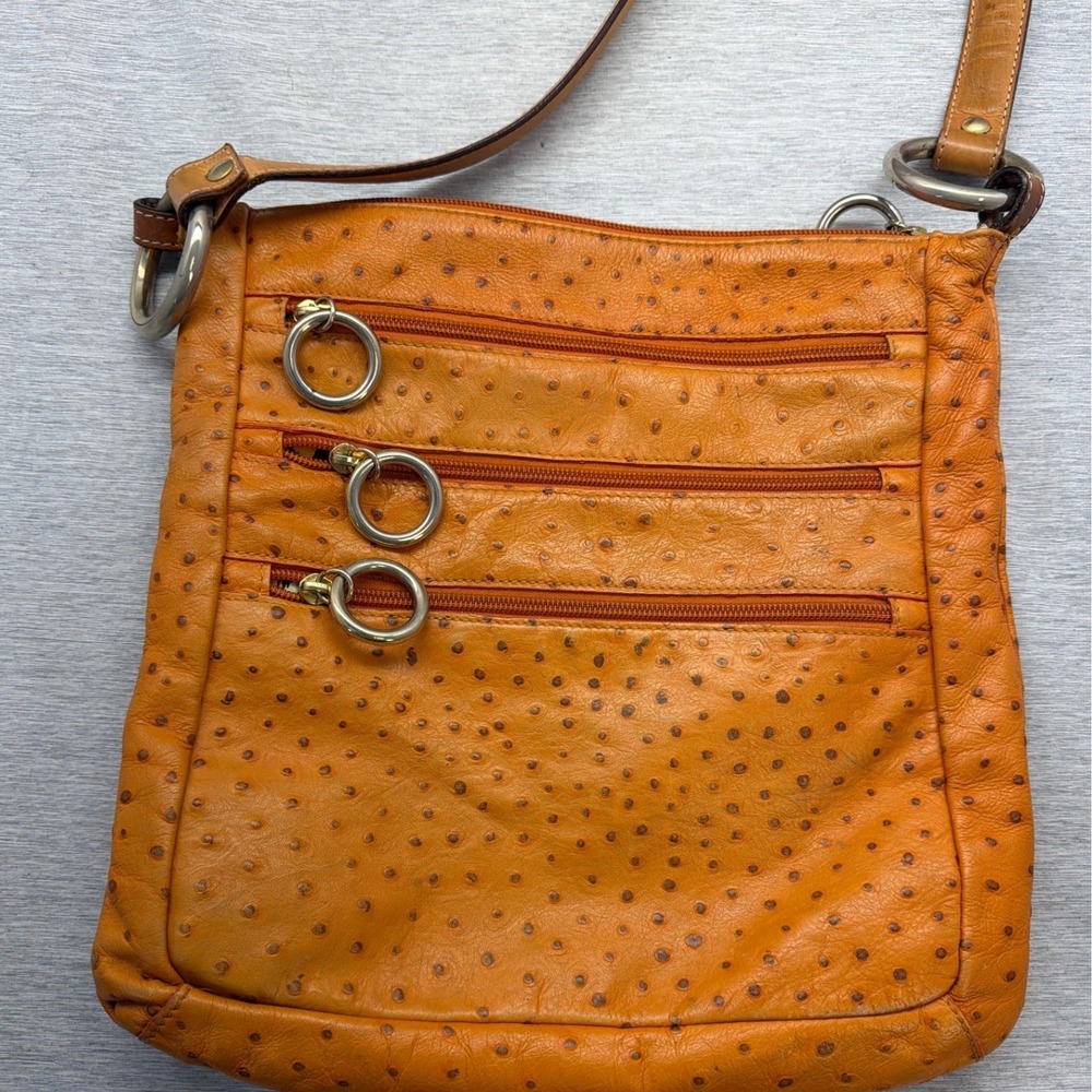 Maurizio Taiuti Orange Ostrich Embossed Leather Crossbody Bag Made in Italy